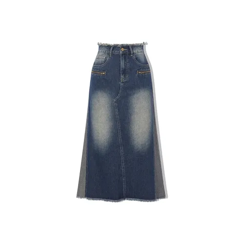LA CRAWFISH Denim Long Skirts Women's Vintage Blue