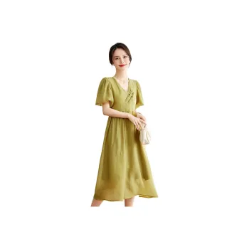 Emodues Short Sleeved Dresses Women's Mustard Green
