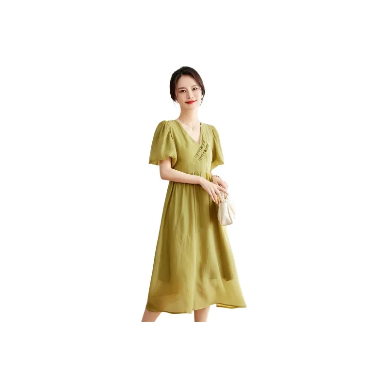 Emodues Short Sleeved Dress Women's Mustard Green-0
