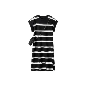Cypress House Short Sleeved Dresses Women's Black Base With White Stripes