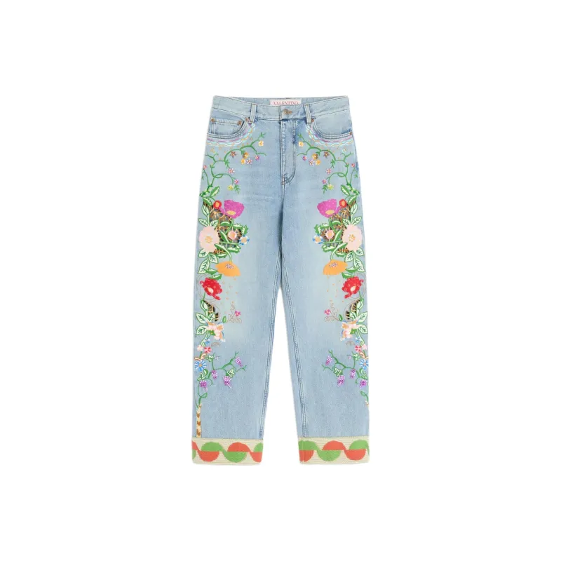 Valentino Floal Embroidered Tapered Jeans 'Denim Blue'-0