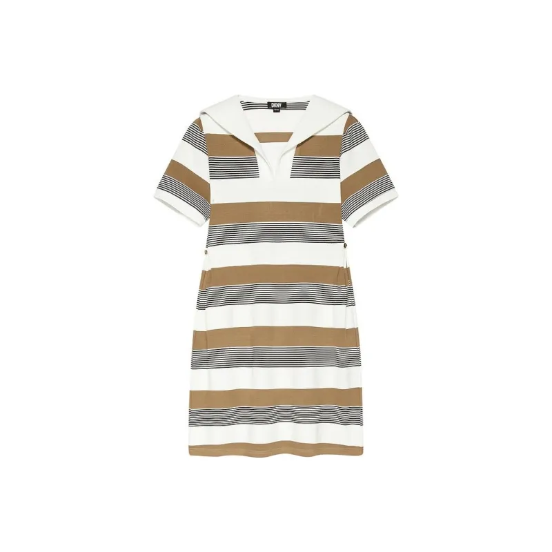 DKNY SS24 Short Sleeved Dress Women's Coffee Stripes-0