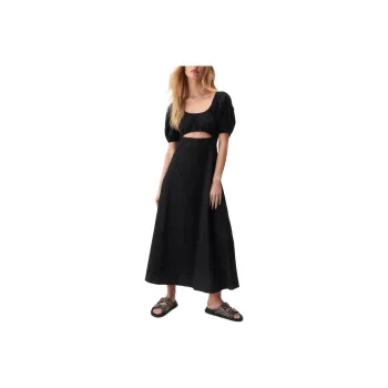 NASTY GAL Linen Mix Puff Sleeve A Line Maxi Dress Short-Sleeved Dresses Women's Black