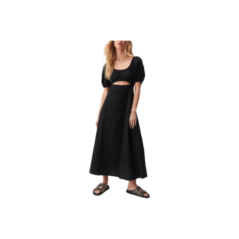 NASTY GAL Linen Mix Puff Sleeve A Line Maxi Dress Short-Sleeved Dresses Women's Black-0