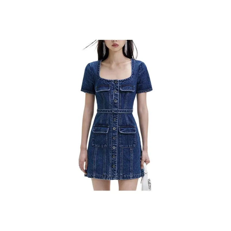 Self portrait Short Sleeved Dresses Women's Denim Blue-0