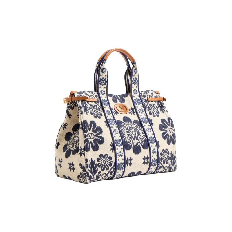 Valentino GARAVANI Jacquard Fabric Tote Bag, Shopping Bag, Handbag Women's Beige & Blue-1