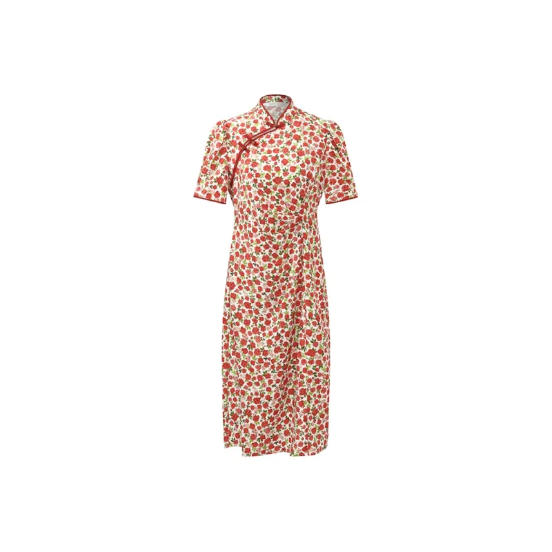 GOELIA Short Sleeved Dress Women's Red Rose Print-0