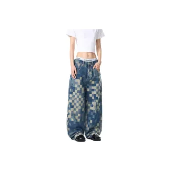 BENGEN Jeans Unisex Blue Checkerboard