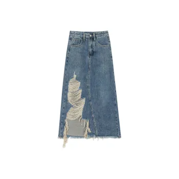 QYPRF Denim Long Skirts Women's Blue
