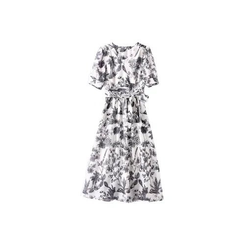Mapping Short-Sleeved Dresses Women's White With Black Flowers