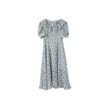 YUMOMO STAR Short Sleeved Dresses Women's White Base Deep Blue