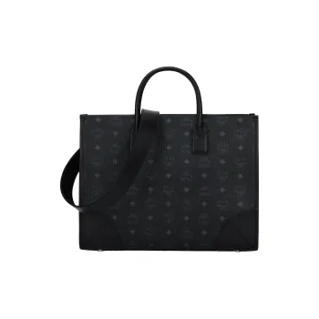 MCM München Coated Canvas With Nappa Leather Trim Tote Bag Shopping Bag Shoulder Bag Handbag Large Size Women's Black