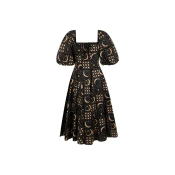 Selkie Collection FW24 Short Sleeved Dresses Women's Navy Blue Base With Moon And Star Plaid Print
