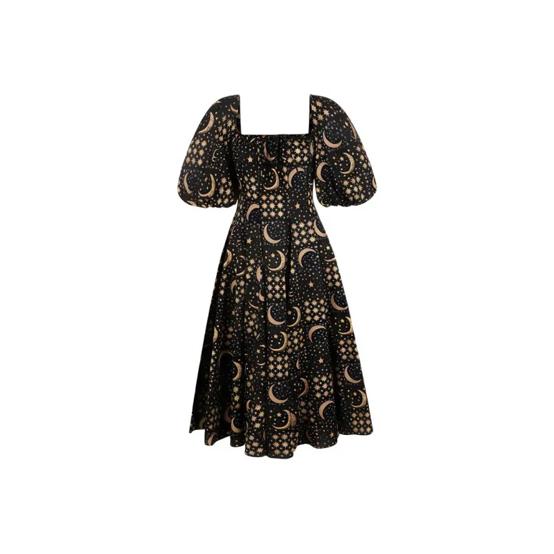 Selkie Collection FW24 Short Sleeved Dresses Women's Navy Blue Base With Moon And Star Plaid Print-0