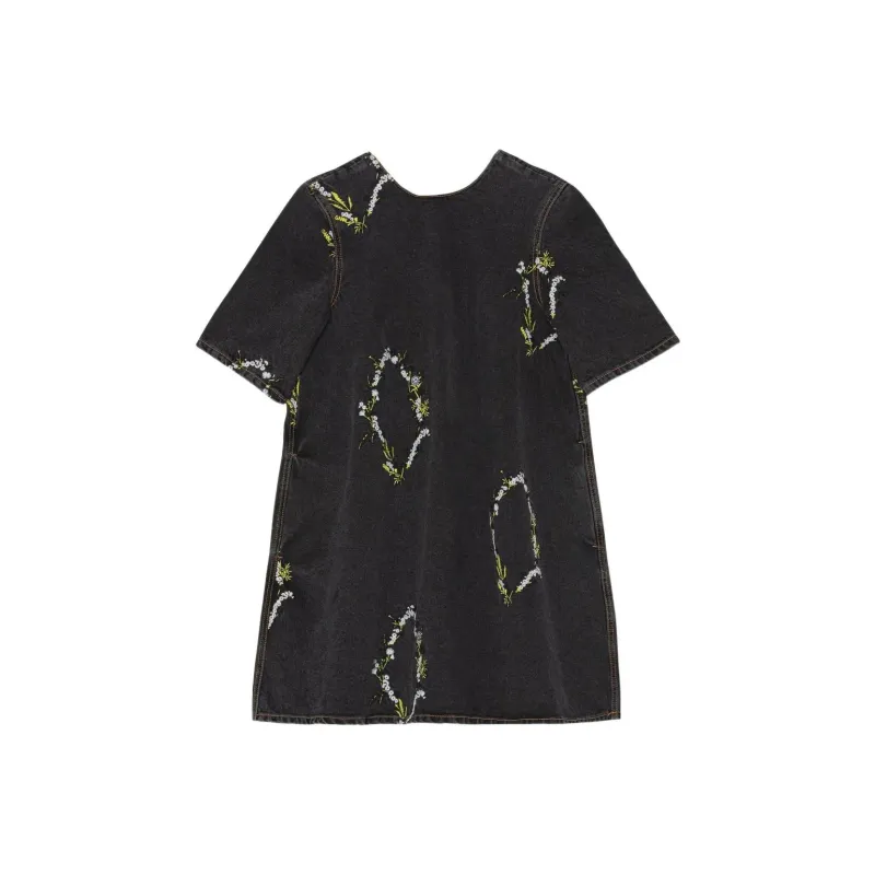 GANNI Embroidery Denim A Line Mini Dress 'Washed Black/Black'-0