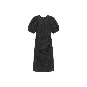 GANNI Jacquard Puff Sleeves Midi Dress Short-Sleeved Dresses Women's Black