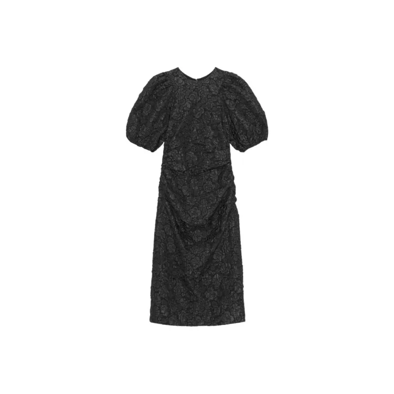 GANNI Jacquard Puff Sleeves Midi Dress Short-Sleeved Dresses Women's Black-0