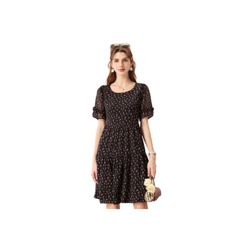 FENHONGMALI Short-Sleeved Dresses Women's Black