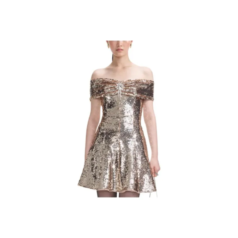 Self portrait New Year Short Sleeved Dresses Women's Gold-0