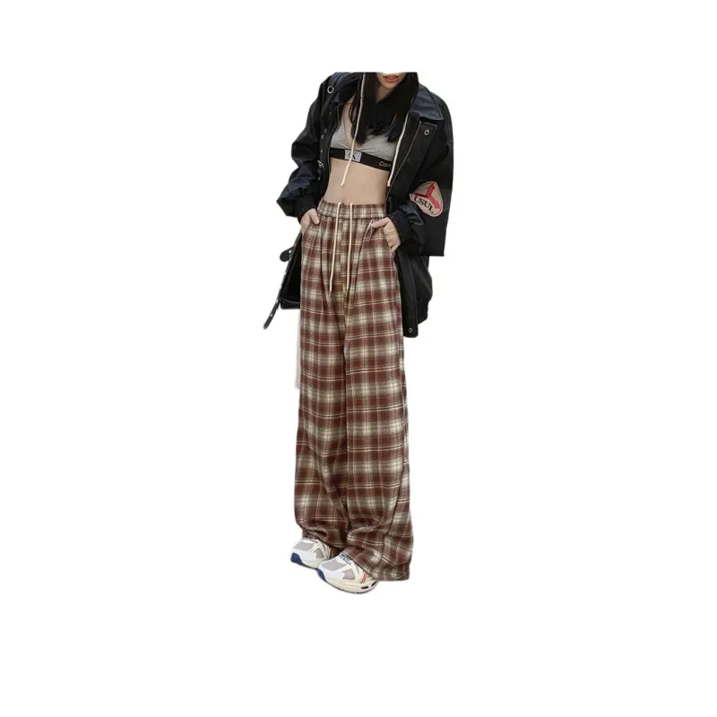 ZNZX Casual Pants Women's Red Plaid Color-2