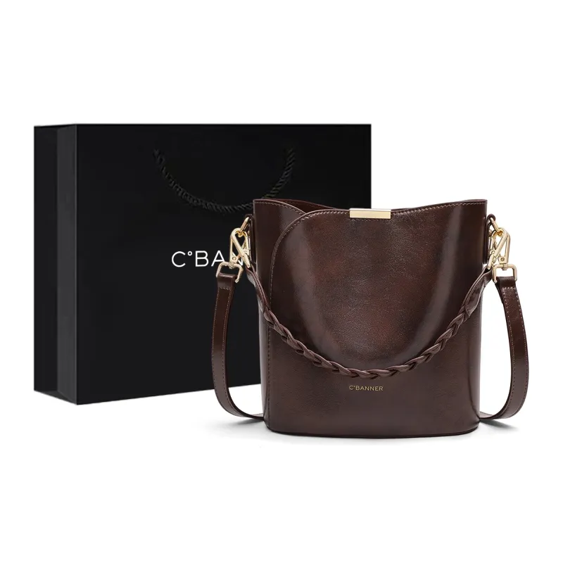 C°BANNER Cow Leather Shoulder Bag, Crossbody Bag, Bucket Bag Medium Size Women's Coffee-0