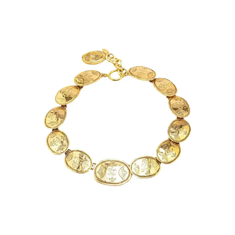 CHANEL 1980 1990 Cc Plated Regal Crown Medallion Link Necklace Costume Necklace-0