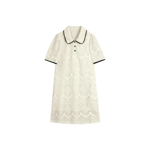 ELF SACK Flower Fairy Series Short Sleeved Dress Women's Soft Cream Apricot