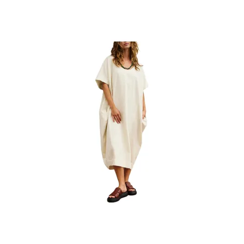 FREE PEOPLE Seen At Sunset Barrel Midi Short-Sleeved Dresses Women's Wet Plaster/Mud Gray