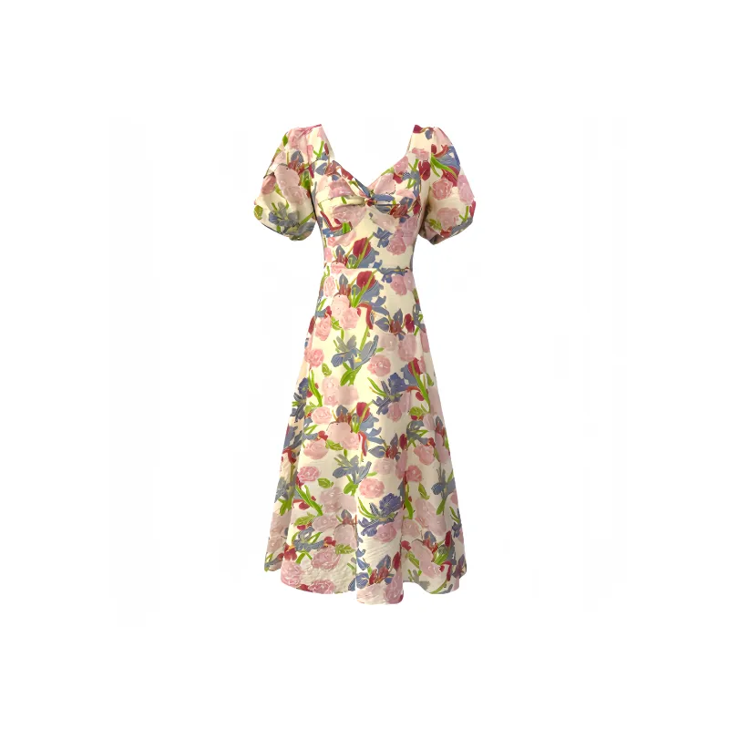 Mu Qingqing Short Sleeved Dresses Women's Tea Nymph Flower-0