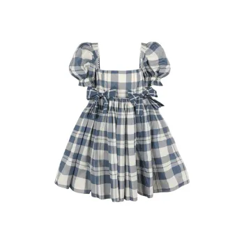 Selkie Collection FW24 Short-Sleeved Dresses Women's Navy Blue Bottom White Plaid Tea Towel Print