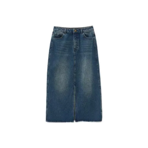 VERA VEINS Denim Long Skirts Women's Vintage Washed Blue