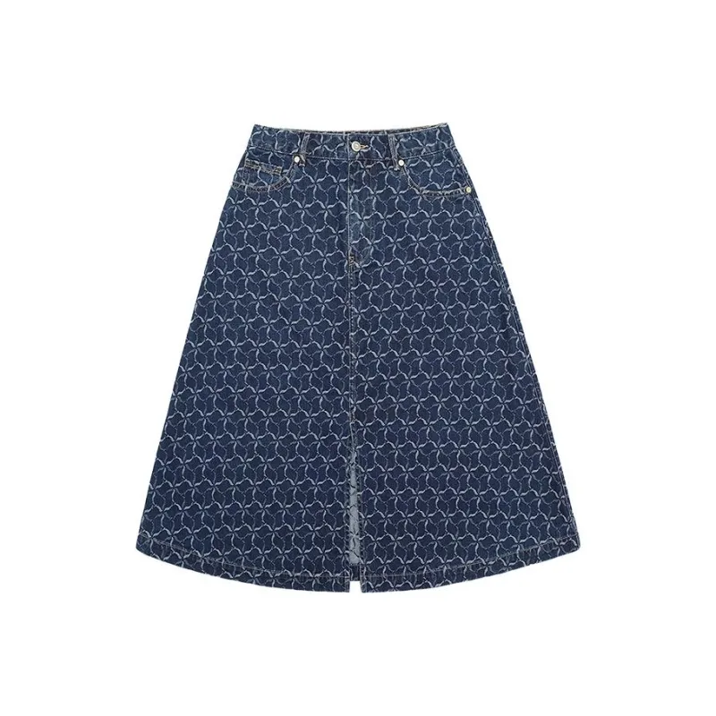 LI NING 1990 Denim Long Skirts Women's Dark Ship Blue-0