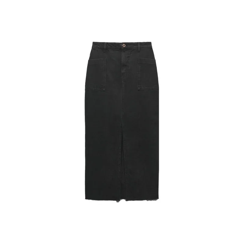 ZARA Denim Long Skirts Women's Black-0
