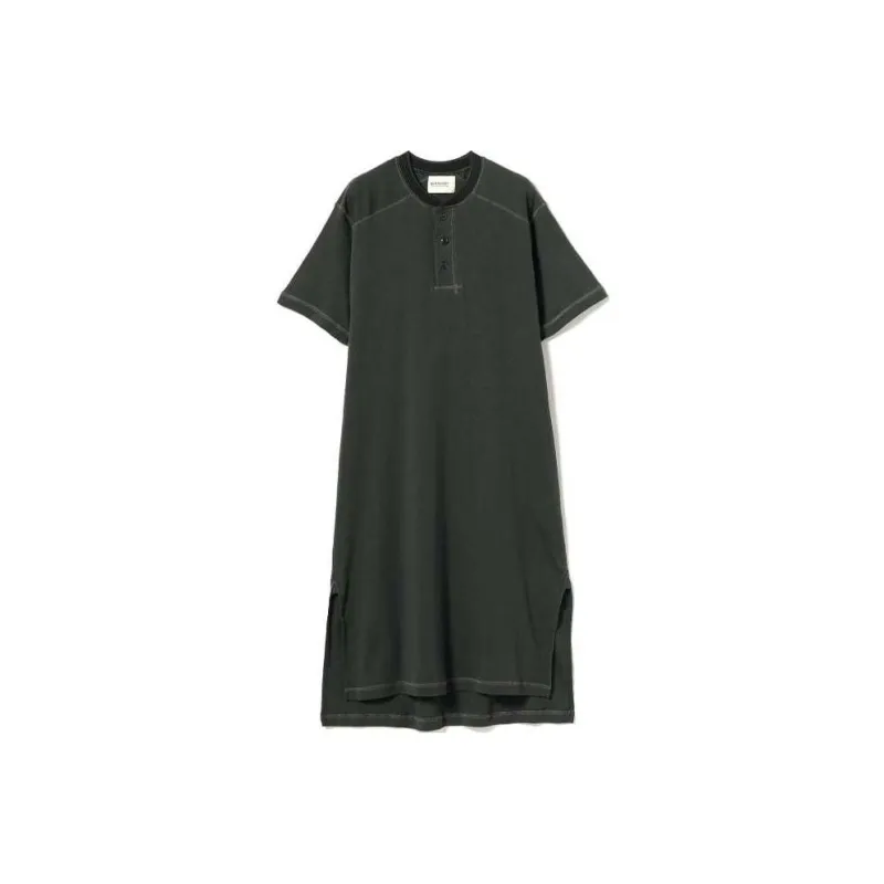 Beams Ribbed Henley Neck Short Sleeve Dress Short Sleeved Dresses Women's-5