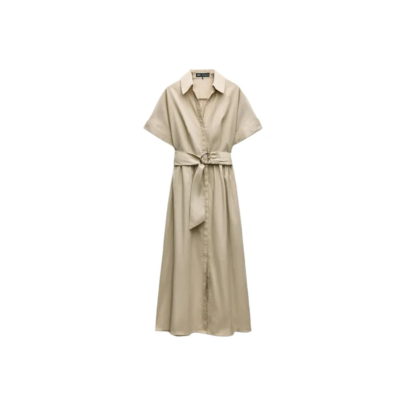 ZARA Short Sleeved Dresses Women's Light Beige-0