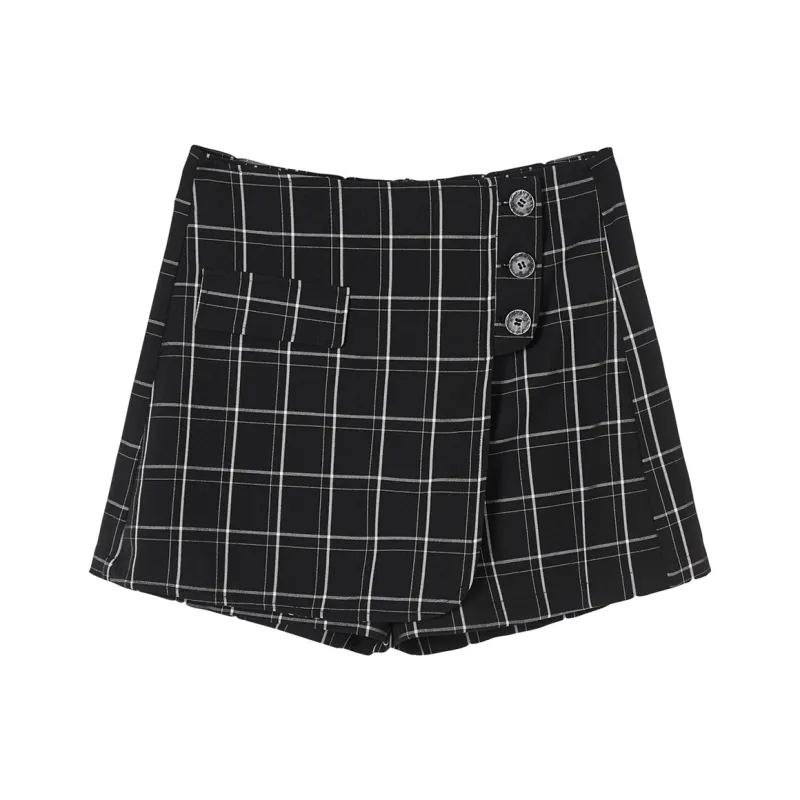 MEETLADY Casual Shorts Women's Black Plaid-0