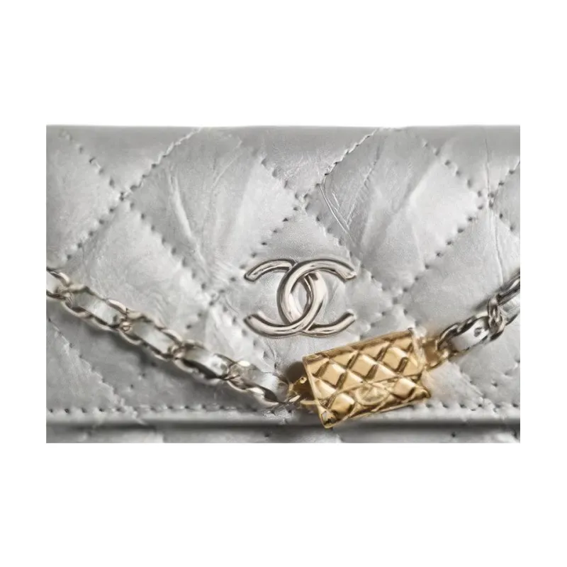CHANEL Leather Card Holder, Coin Purse, Shoulder Bag Women's Silver-1