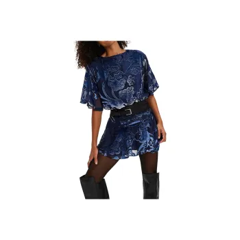 FREE PEOPLE Manuka Burnout Velvet Mini Dress Short-Sleeved Dresses Women's Navy Combo/Marine Blue Combo