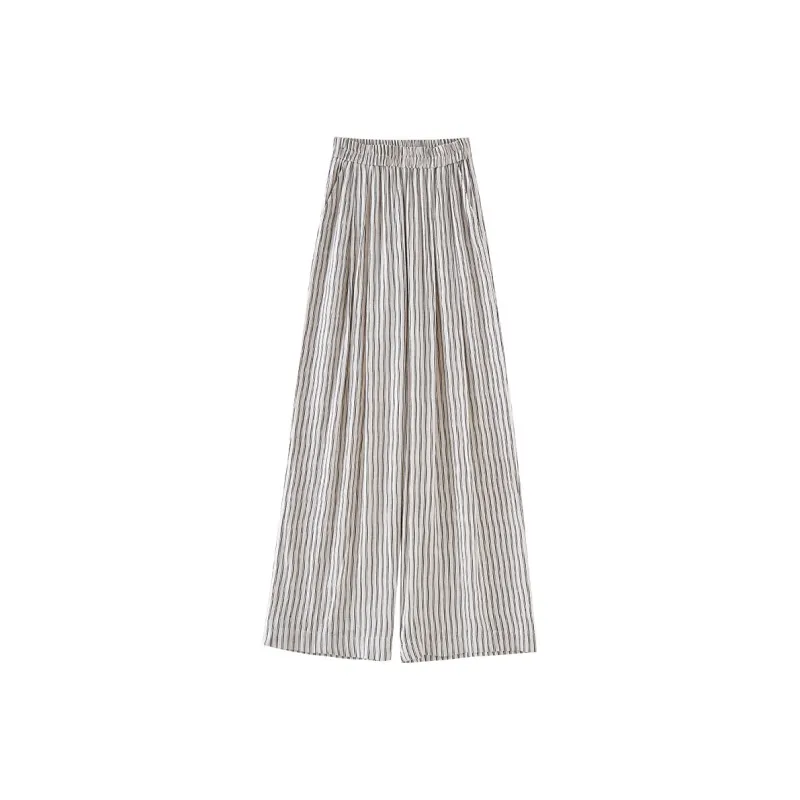 OUNIXUE Casual Pants Women's Apricot Base With Black Stripes-0