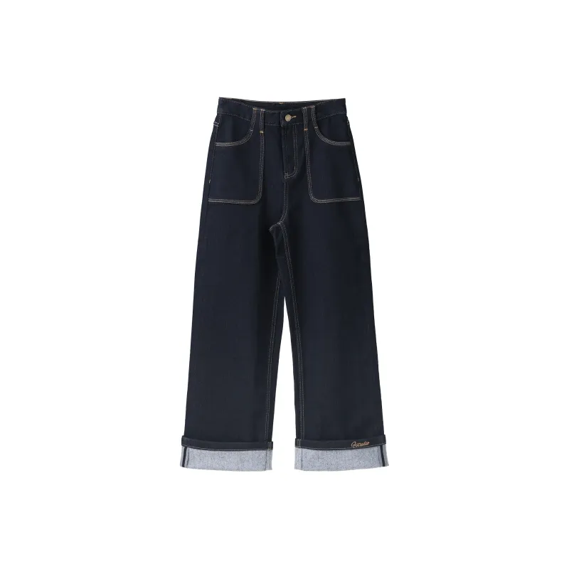 Fstudio Korean Elegance Versatile Dark Color Straight Fit Casual Jeans Women's Blue-0