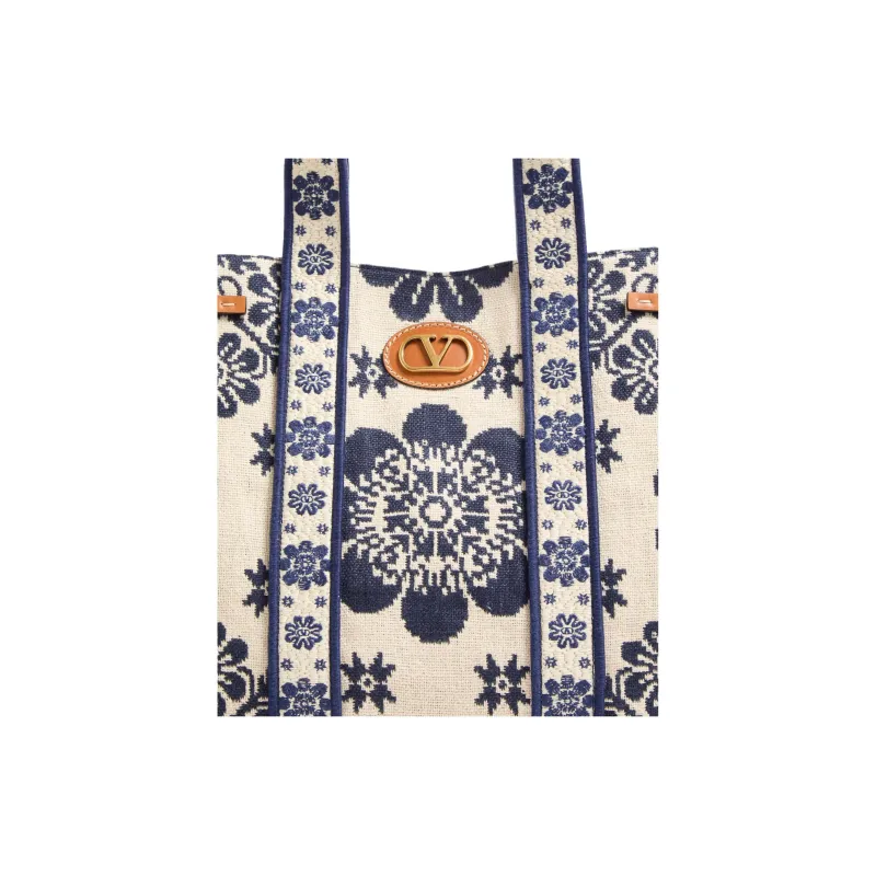 Valentino GARAVANI Jacquard Fabric Tote Bag, Shopping Bag, Handbag Women's Beige & Blue-5
