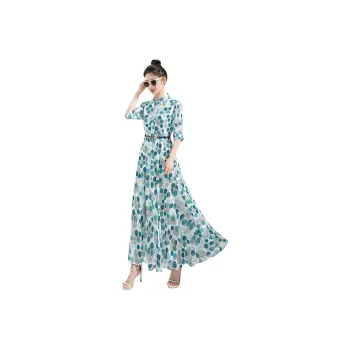 Cypress House Short Sleeved Dresses Women's White Background With Blue/Green Dots