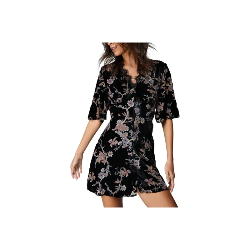 NASTY GAL Petite Ditsy Floral Devore Lace Trim Skater Dress Short-Sleeved Dresses Women's Black-0