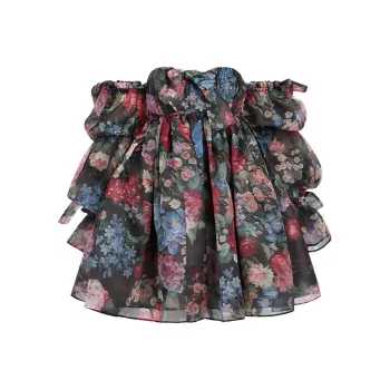 Selkie Collection SS24 Long Sleeved Dresses Women's Black Background Vibrant Garden Print
