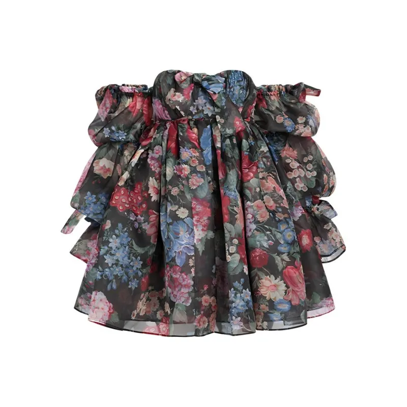 Selkie Collection SS24 Long-Sleeved Dresses Women's Black Background Vibrant Garden Print-0