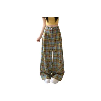 Flowers In Water Casual Pants Women's Yellow Blue Plaid