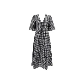 GANNI Seersucker Checked V-neck Midi Dress