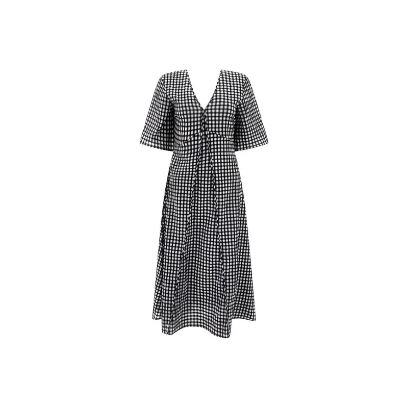 GANNI Seersucker Checked V neck Midi Dress-0