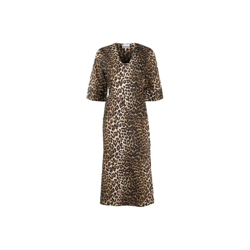 GANNI Leopard Printed Short-Sleeved Midi Dress-0