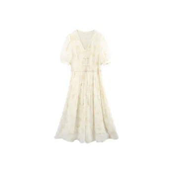 A Paradise For Awakening Short Sleeved Dresses Women's Beige Base With Yellow Flowers
